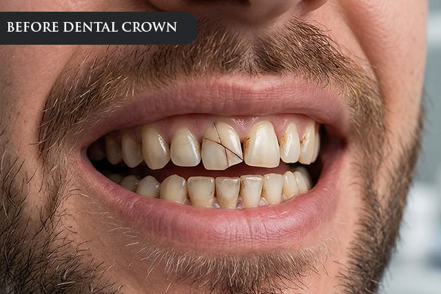 a before treatment image of a patient with a cracked and damaged tooth